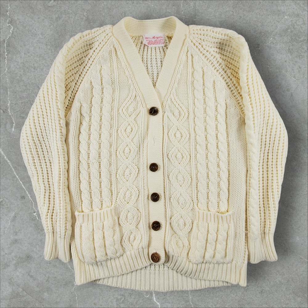 Vintage Cable Knit Cardigan Womens Medium Cream White Fisherman Button Up B62